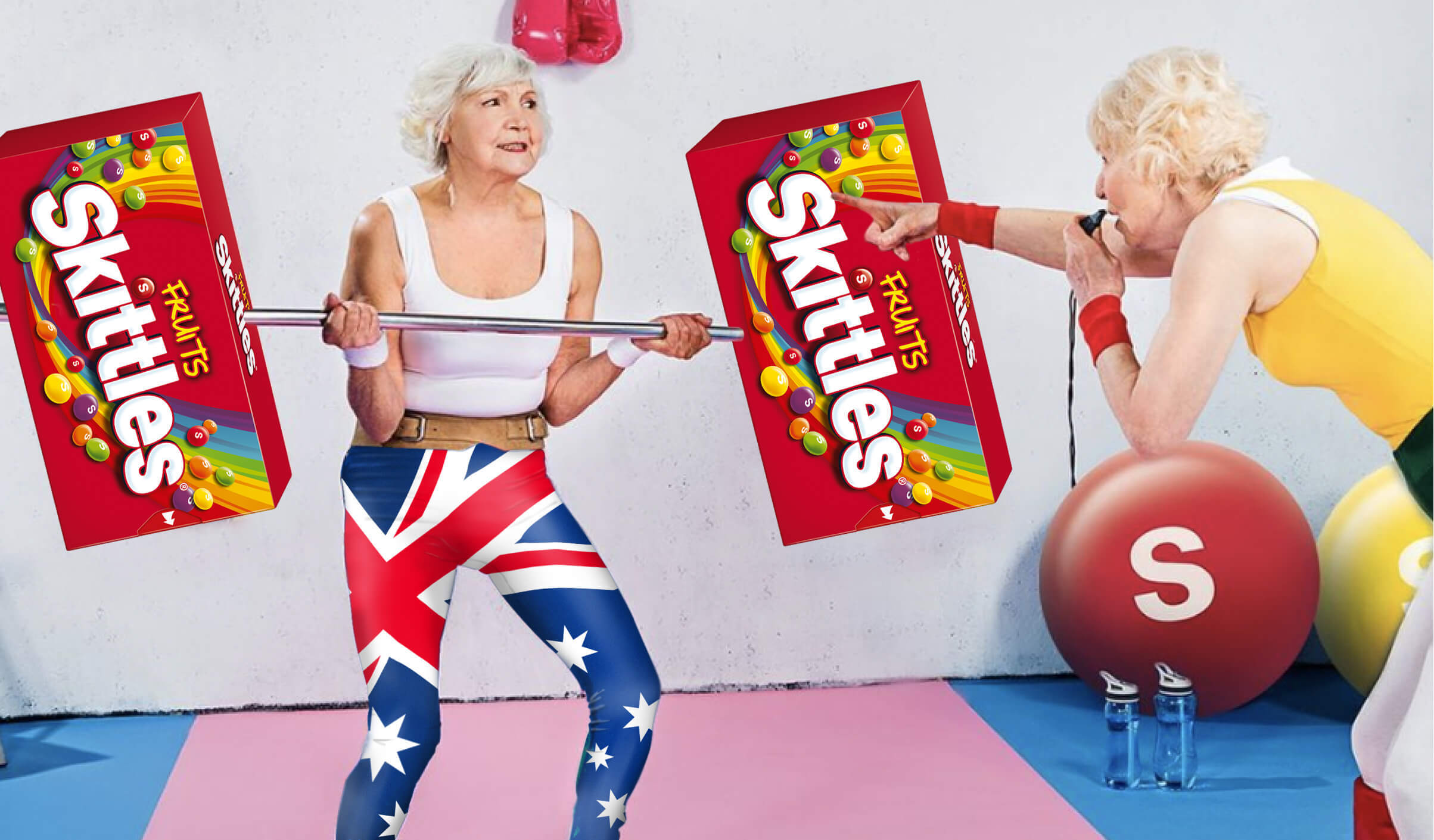 Old weightlifters with Skittles