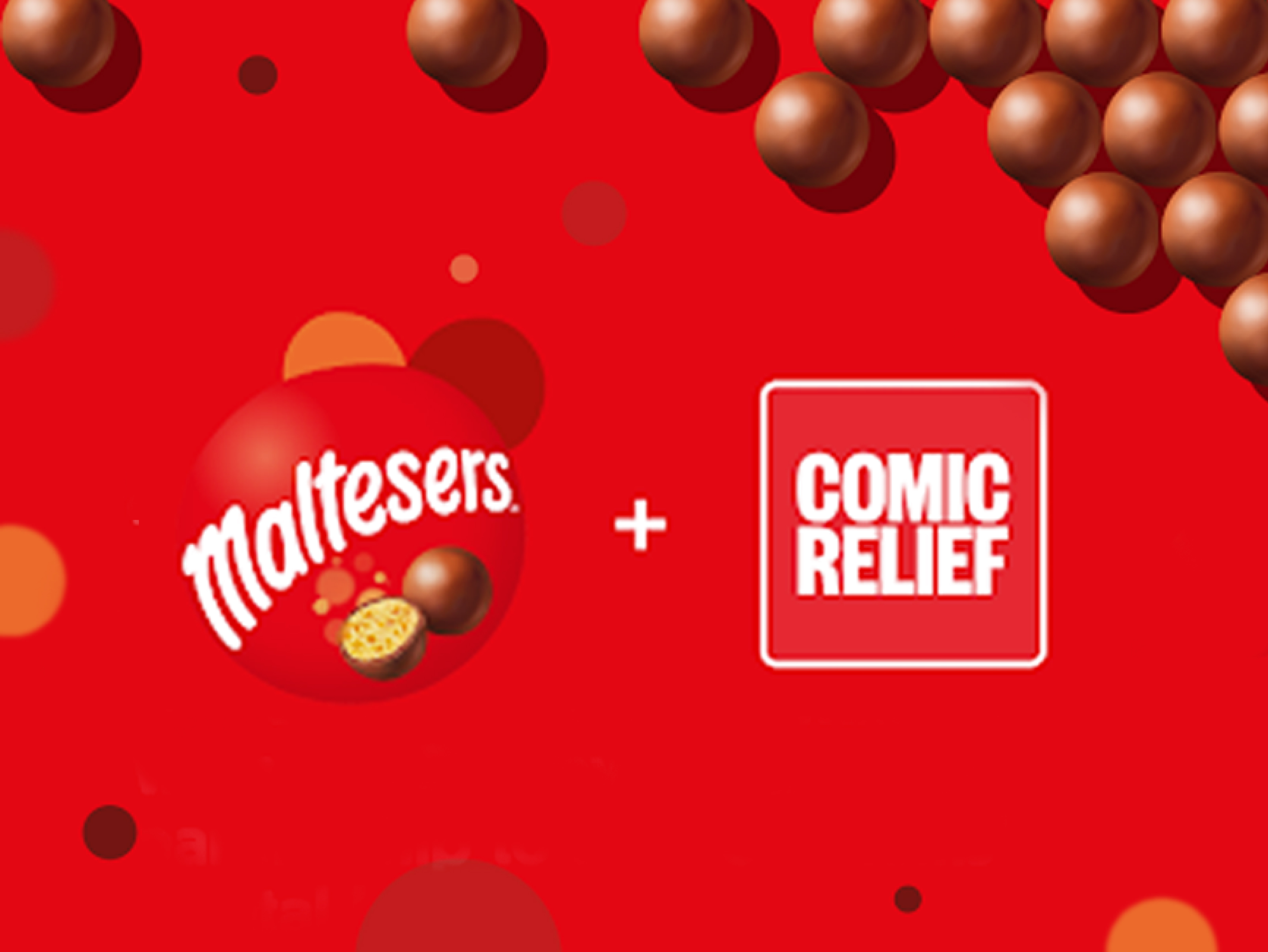 Maltesers and Comic Relief logos surrounded by Maltesers on a red background