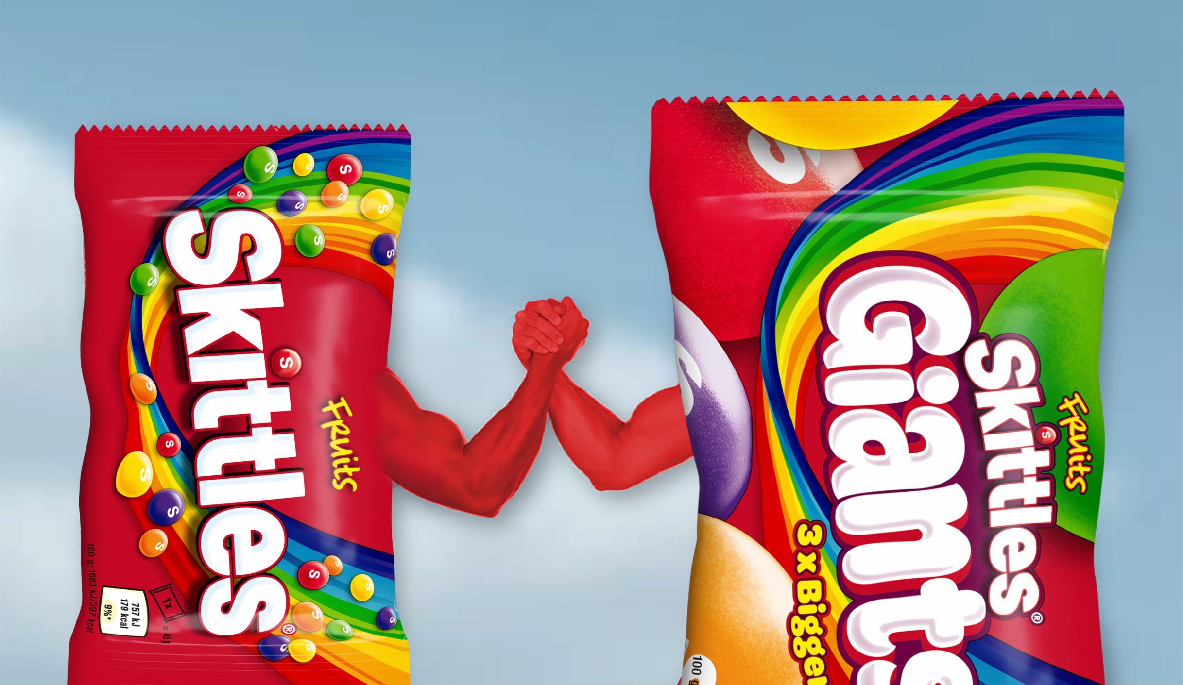 Skittles packages holding hands