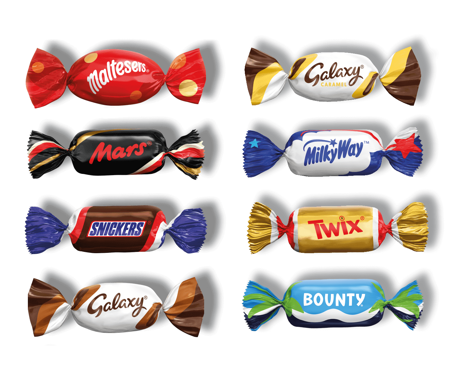 Wrapped candy pieces of SNICKERS, MALTESERS, MARS, MILKY WAY, TWIX, BOUNTY, and GALAXY Caramel