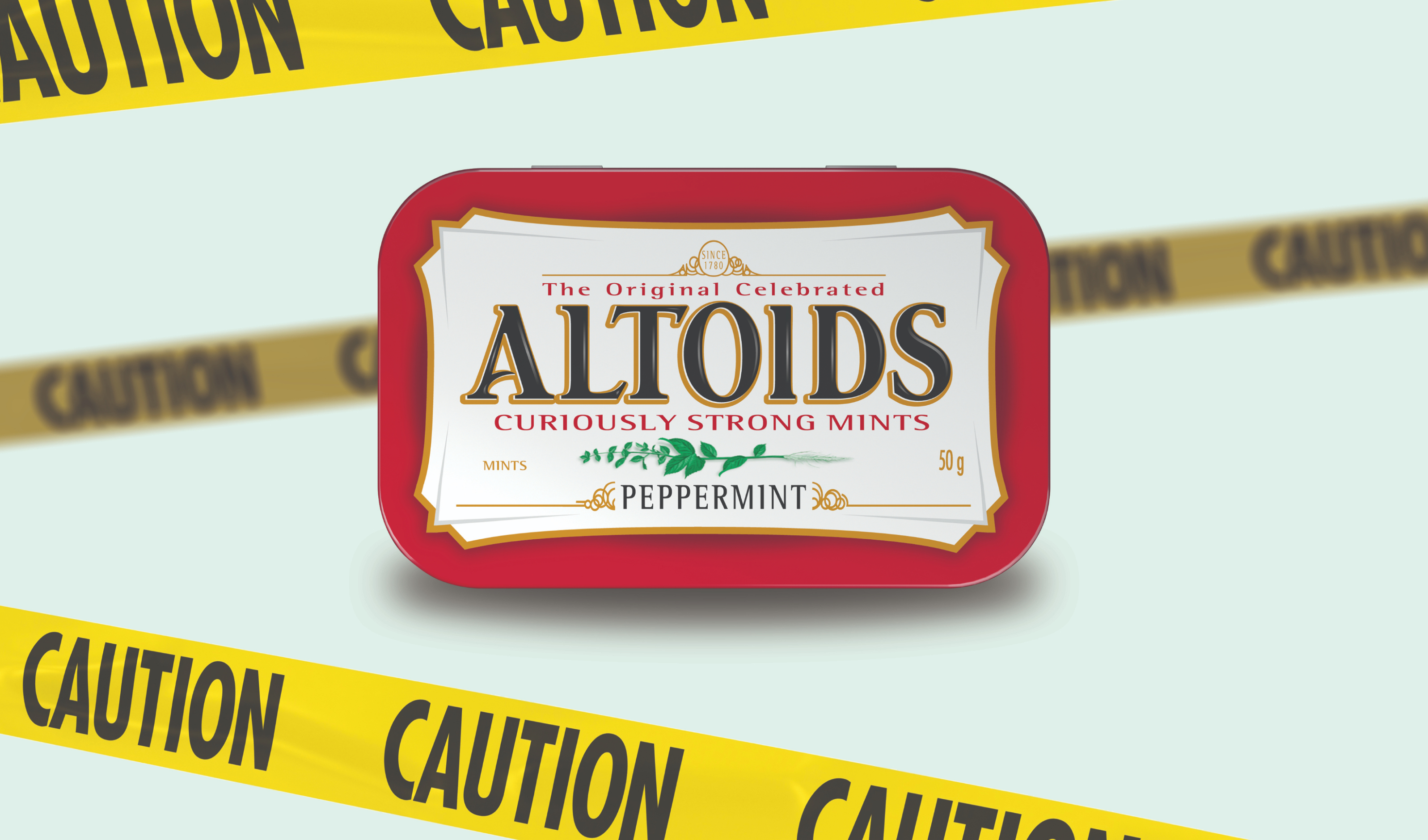 Tin of Peppermint Altoids with yellow caution tape around it on a mint green background