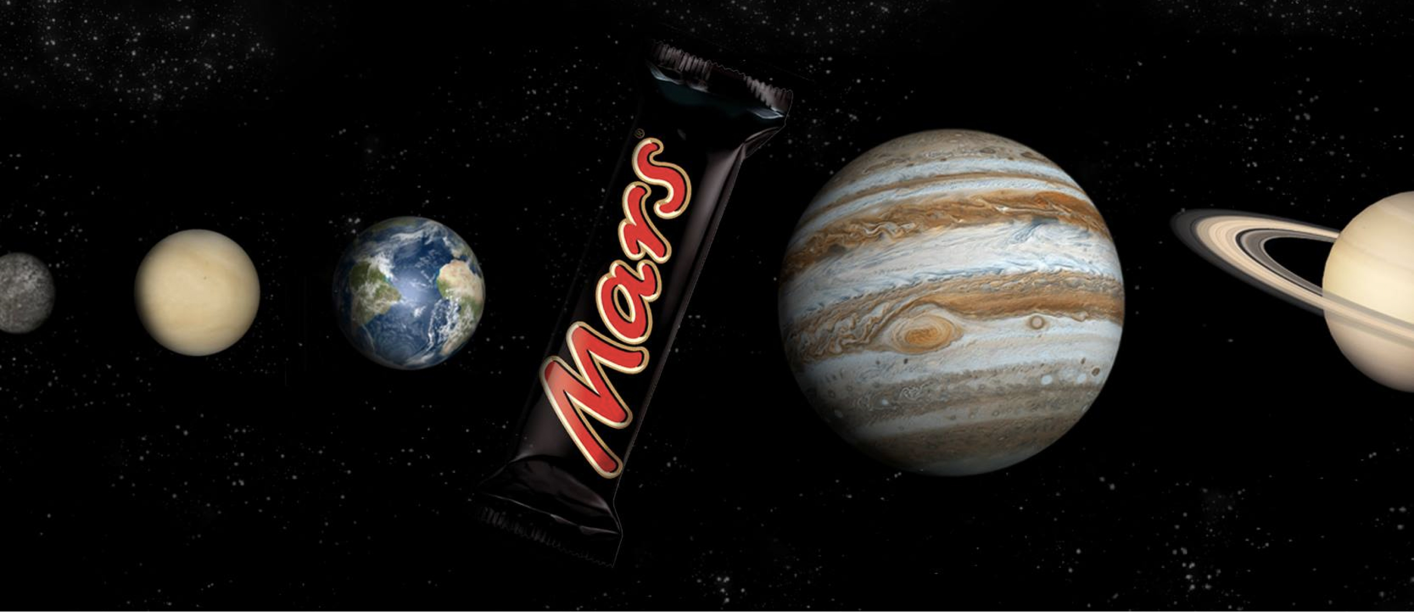 Packaged Mars bar placed in solar system in place of the planet mars