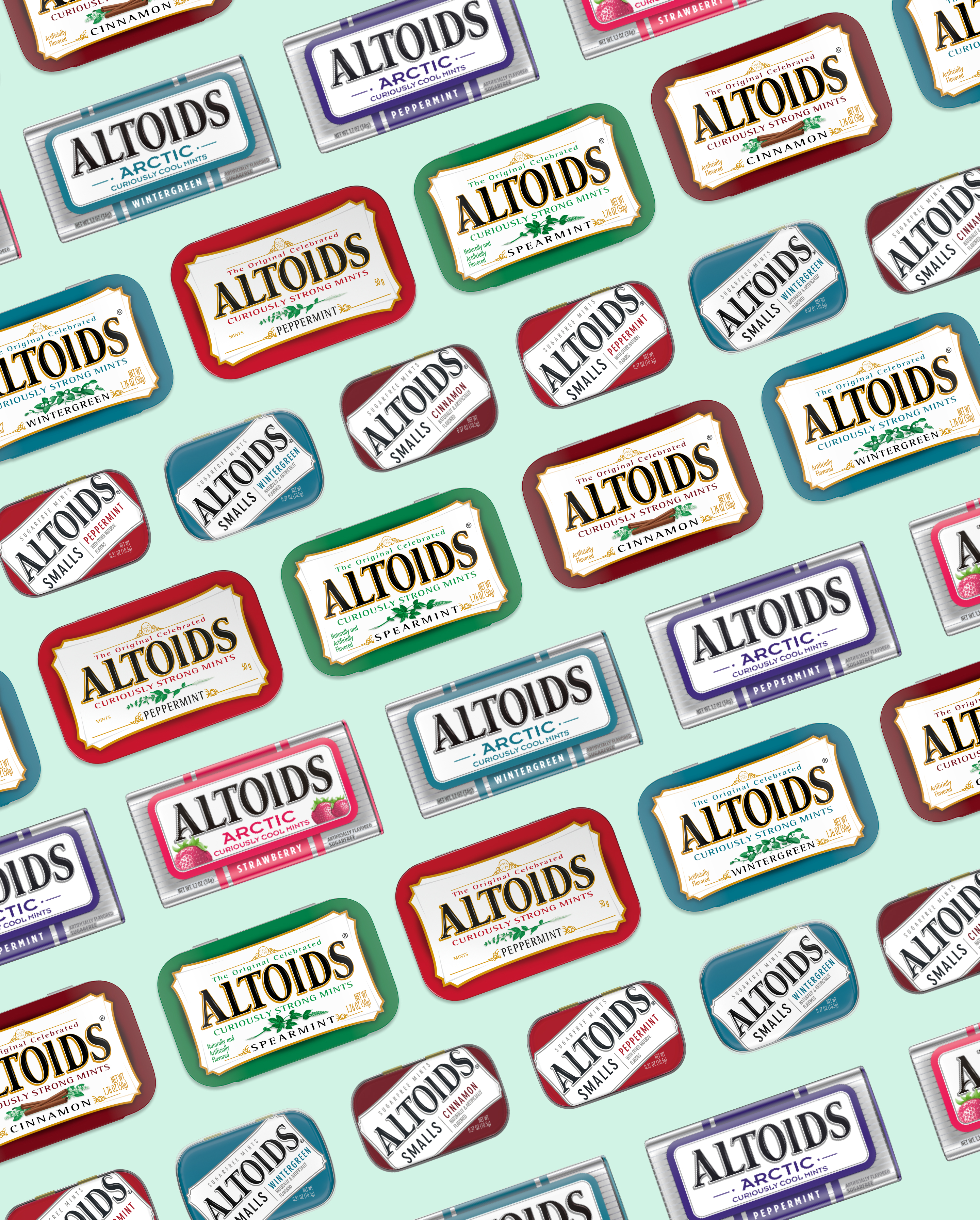 Altoids product tins lined up on a mint green background