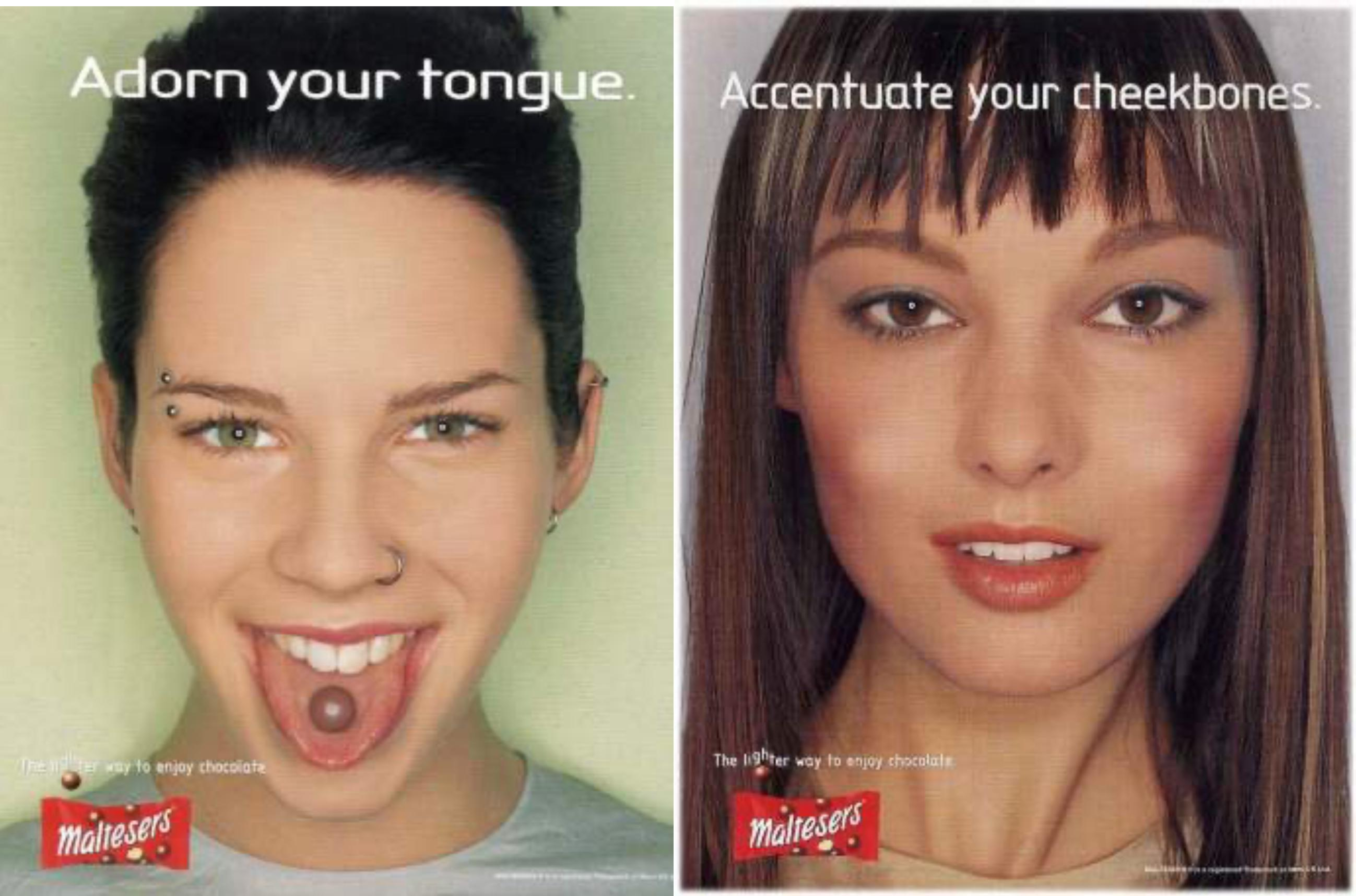 Publicité Maltesers des années 1990 montrant des gros plans des visages de deux femmes
