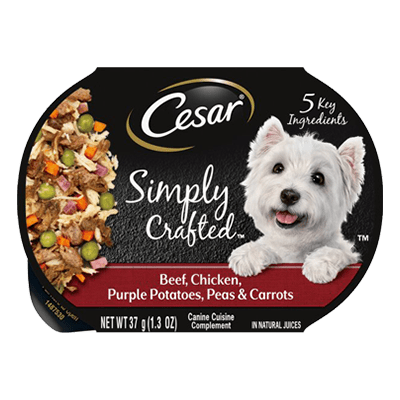 Cesar Simply Crafted Beef, Chicken, Purple Potatoes, Peas and Carrots dog food bowl
