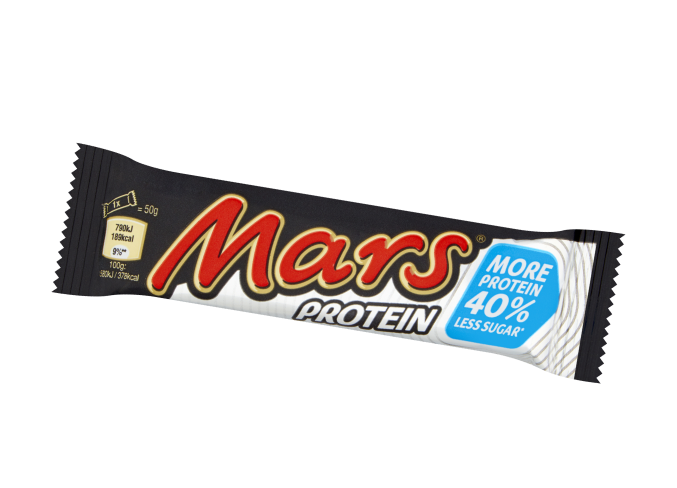 Packaged Mars protein bar in front of black background