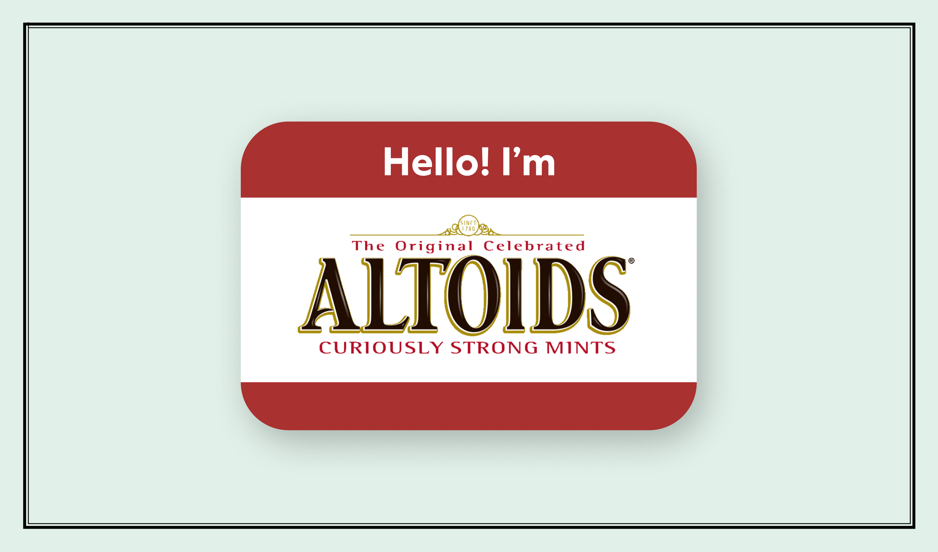 Altoids logo on a name tag on a mint green background