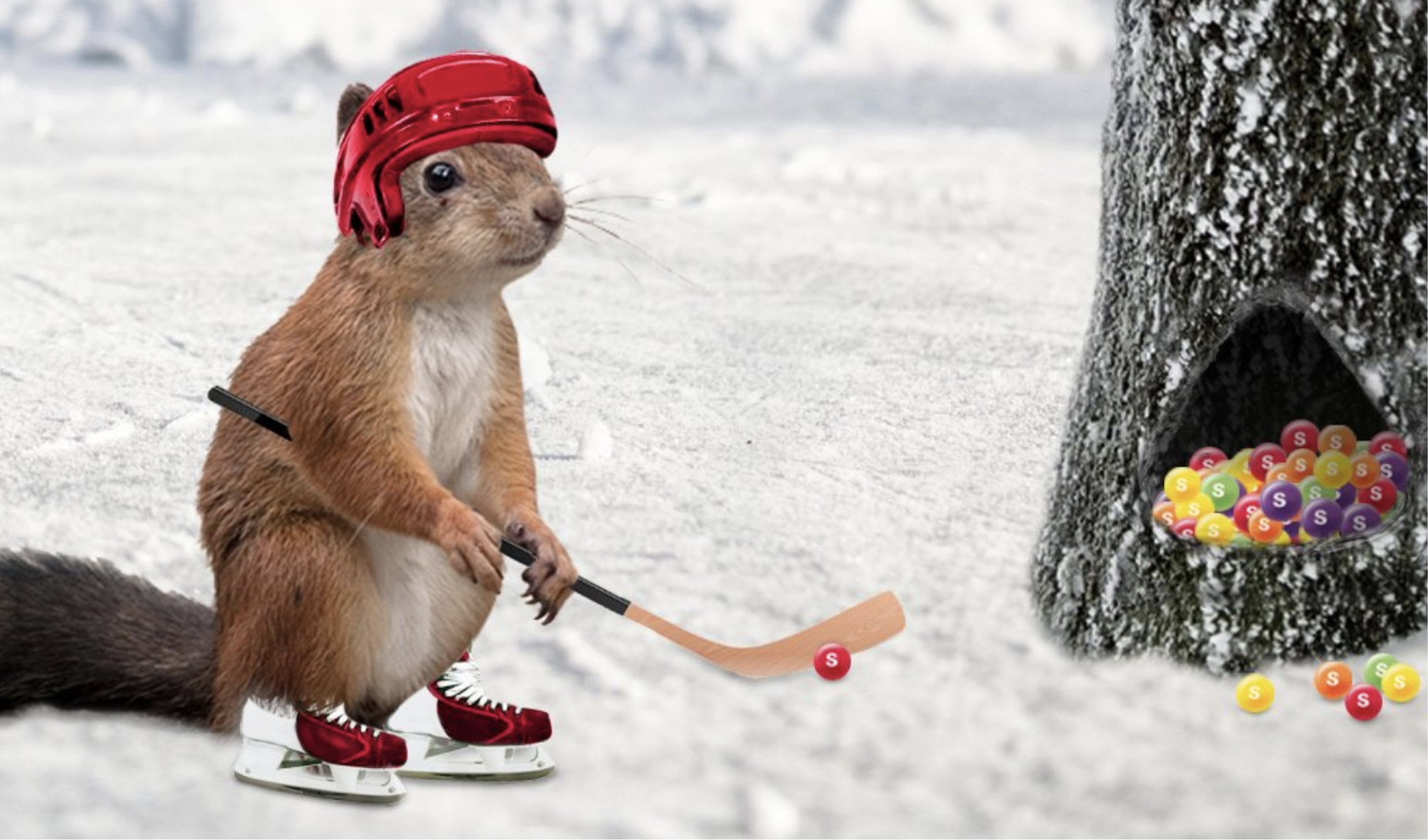 Hockey playing squirrel shooting skittles into a tree like they're pucks 