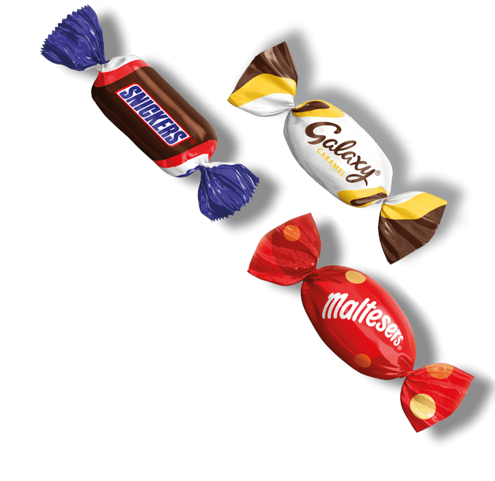 Three wrapped candies, positioned diagonally