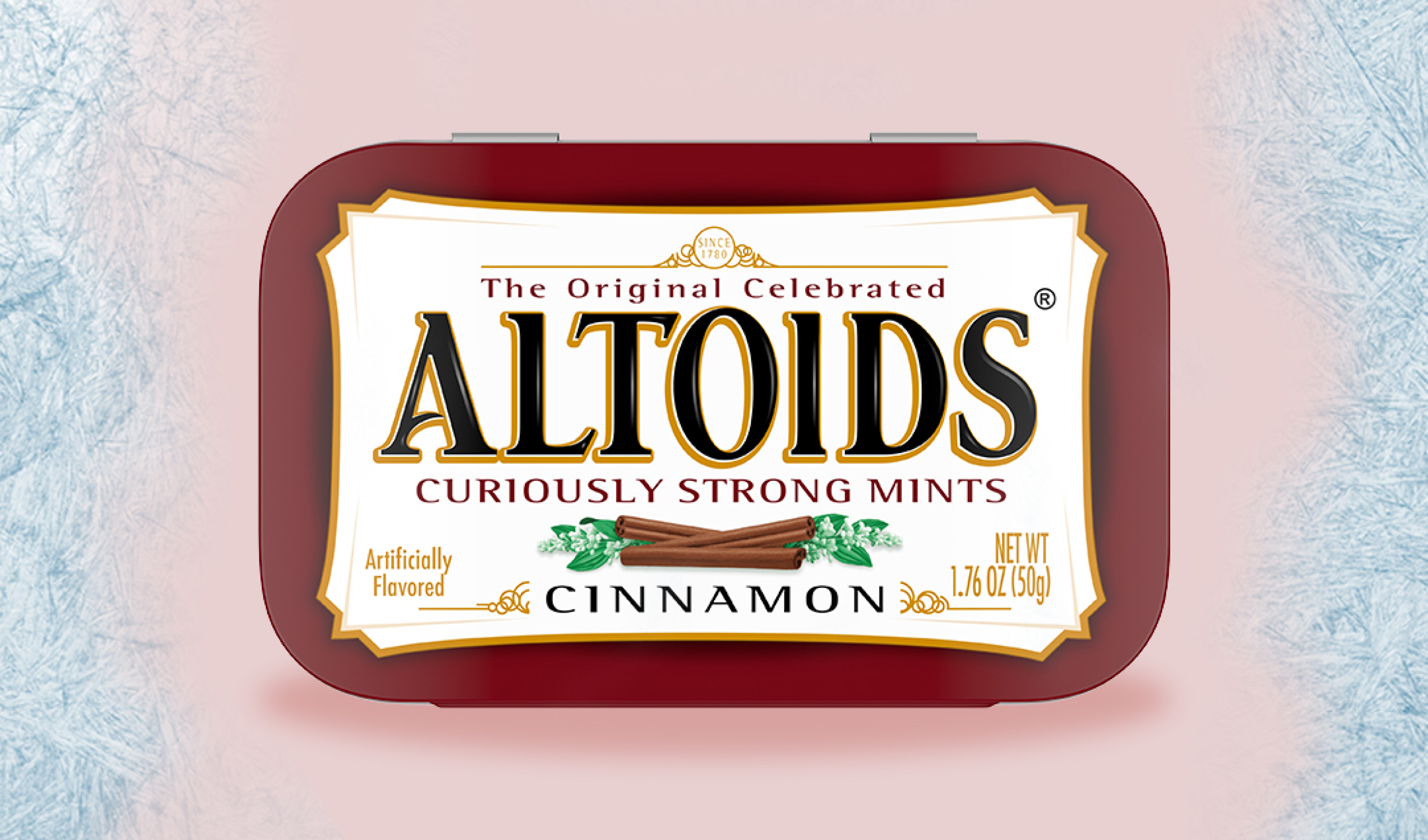 Tin of Cinnamon Altoids on a light pink background with ice graphic on either side