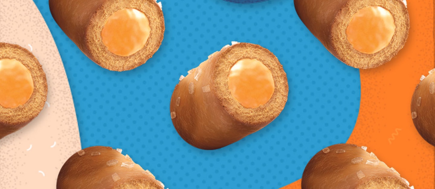 Cheddar Cheese Combos on an orange and blue patterned background