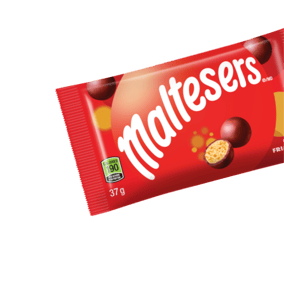 Two Maltesers Buttons and a bag of Maltesers on a pink background