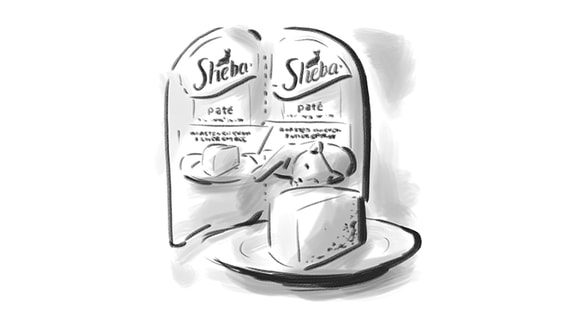 sketch of Sheba® Perfect Portions™ pack with plate of food in front of package
