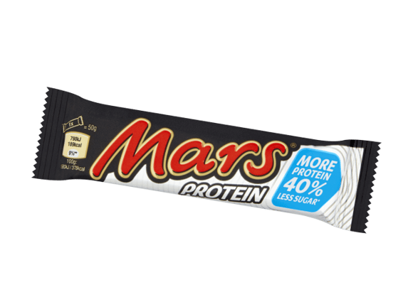 Packaged Mars protein bar in front of black background