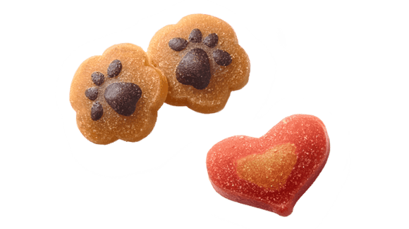 Cesar dog treats shaped as dog paw prints and a heart 