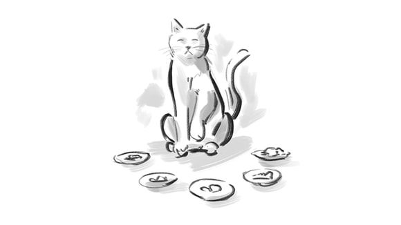 sketch of cat sitting around multiple plates of cat food