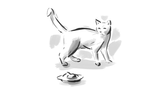 sketch of cat walking towards its plate of food